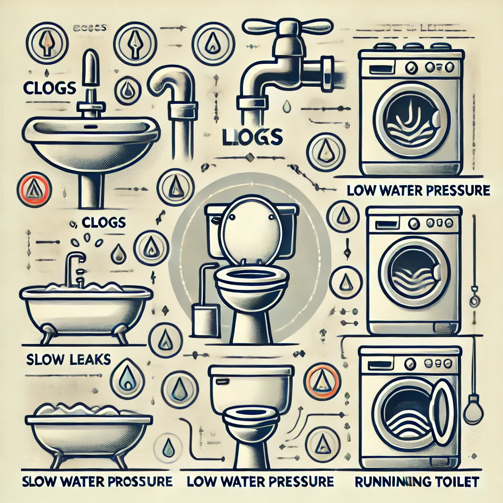 Illustration showing common plumbing problems in household outlets including sinks, toilets, washing machines, and showers, with icons for clogs, leaks, low water pressure, slow draining, running toilet, and noisy washing machine.