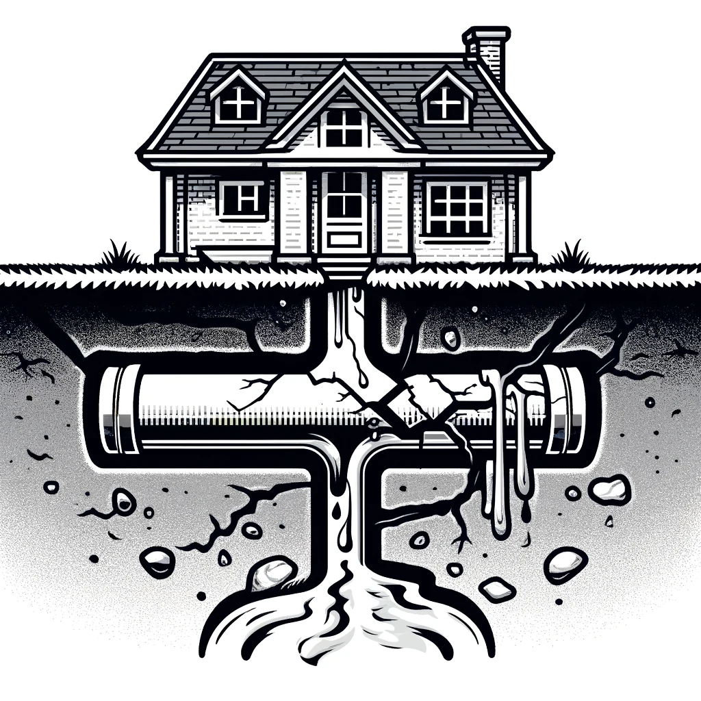 Illustration of a broken and cracked pipe under a house with visible cracks and water seeping out in a cross-section view.