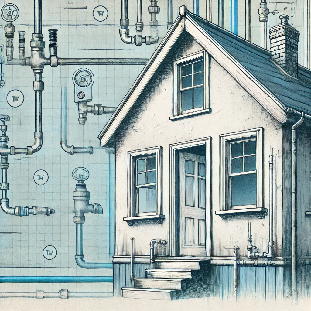 Illustration of an older house with rusty, leaking plumbing pipes and a subtle blueprint-style background.